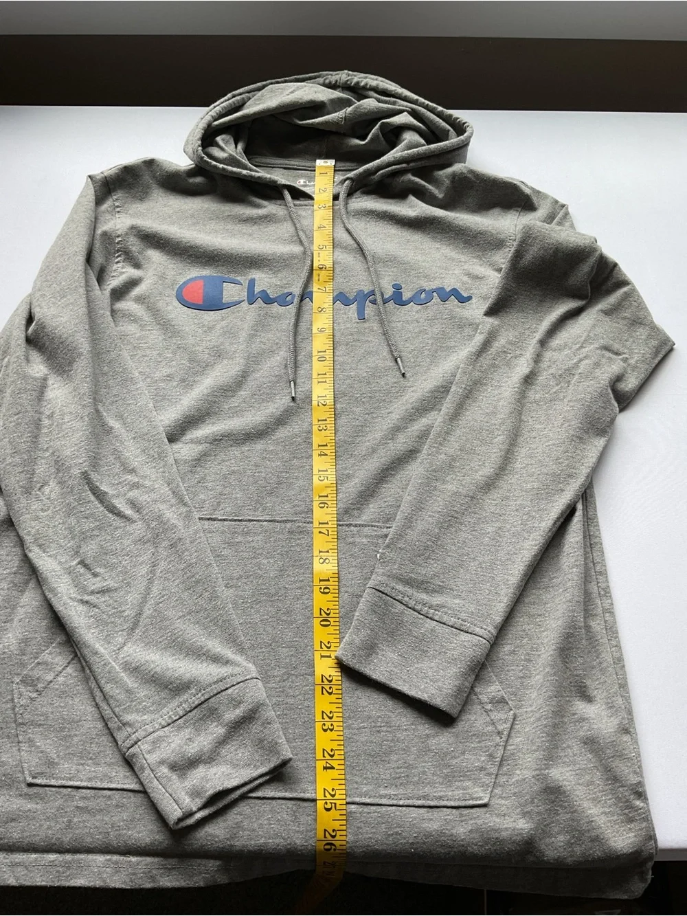 Champion Gray Lightweight Hoodie with Blue Script and Red Accent